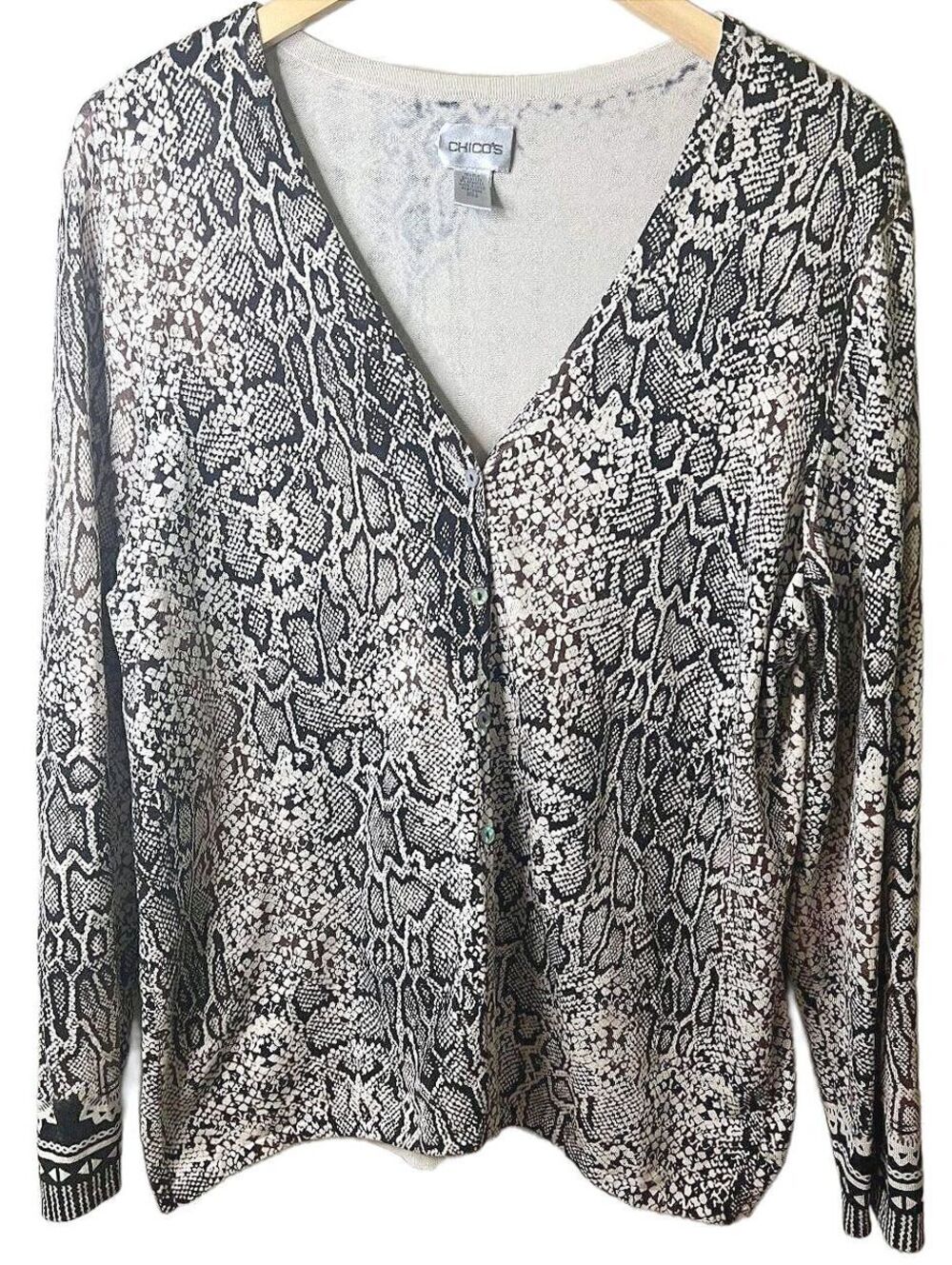 Chico’s Size 3 (XL) Silk Blend Snakeskin Print Button Front Cardigan Sweater